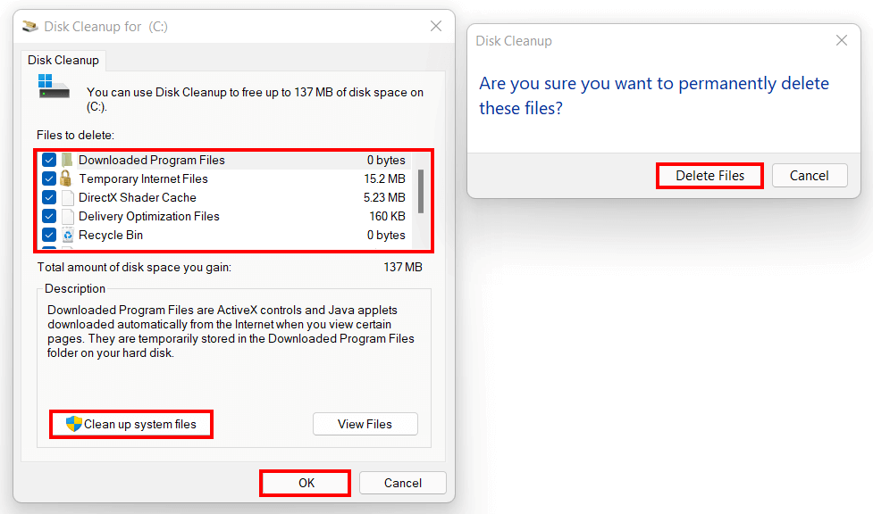 Limpieza de disco de Windows 11 con selección de archivos a eliminar