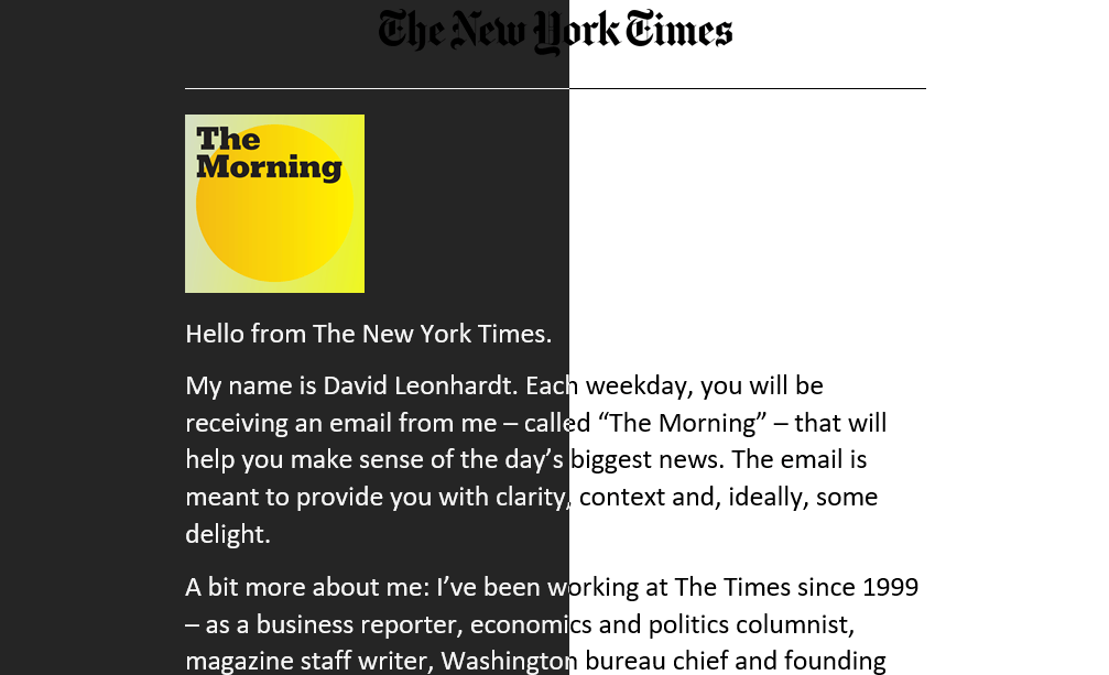 Newsletter del New York Times en modo oscuro y claro