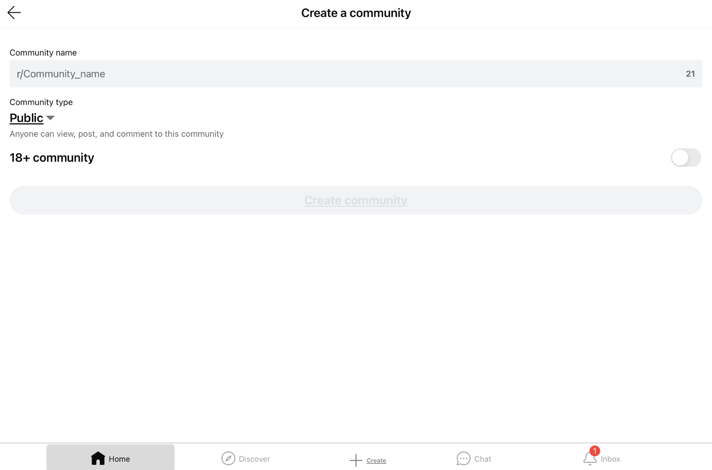 Captura de pantalla de iPad de la creación de una comunidad en Reddit