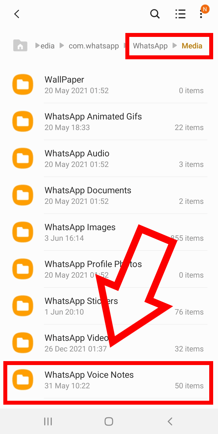 Captura de pantalla de la carpeta “Media” de Android resaltando la subcarpeta “WhatsApp Voice Notes”