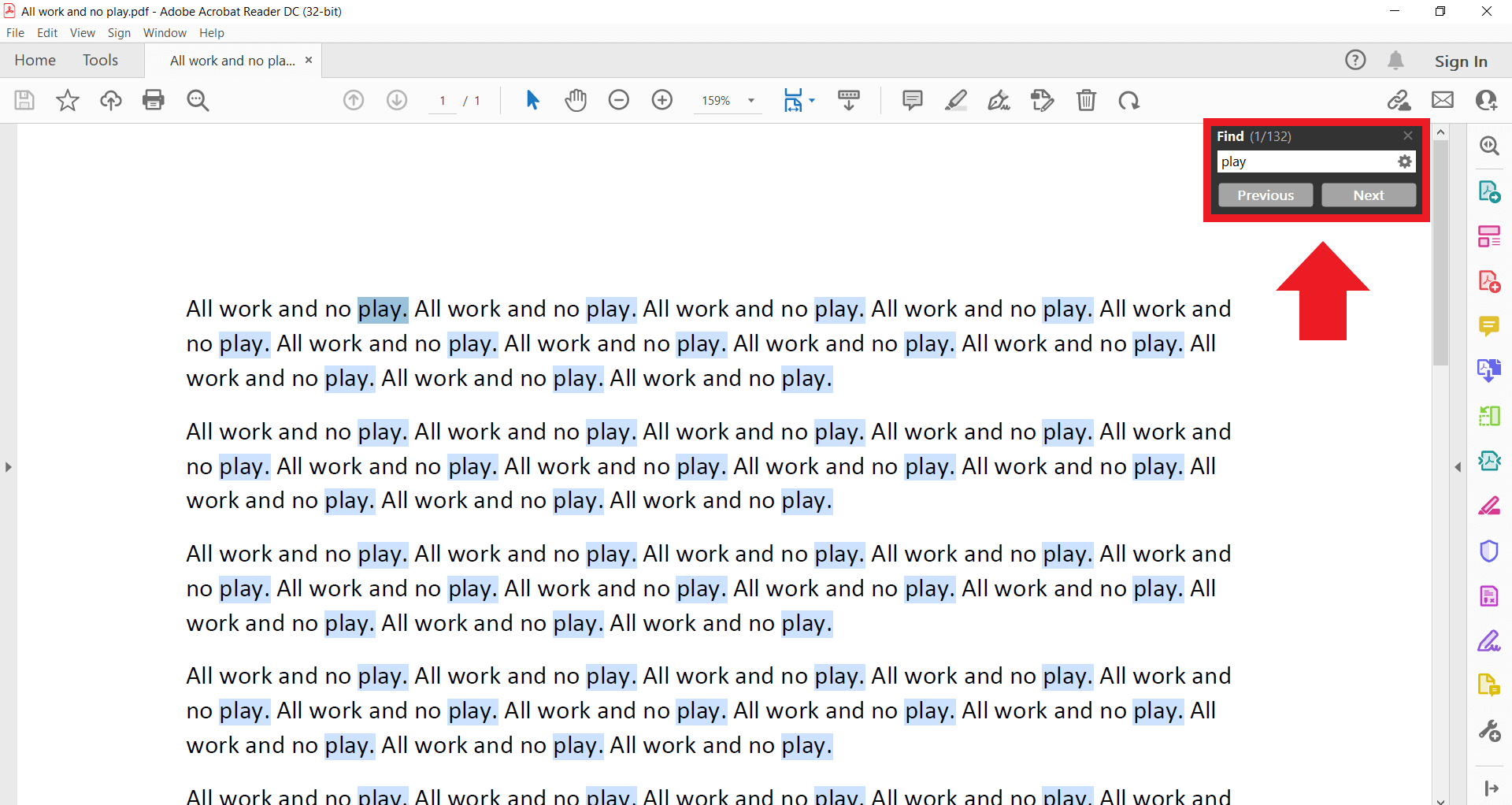 Introducción de una palabra en el cuadro de búsqueda de Adobe Acrobat Reader