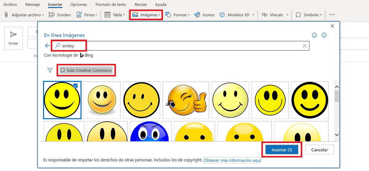 Captura de Outlook 2021: lista de resultados de la búsqueda de emoticonos a través de Bing