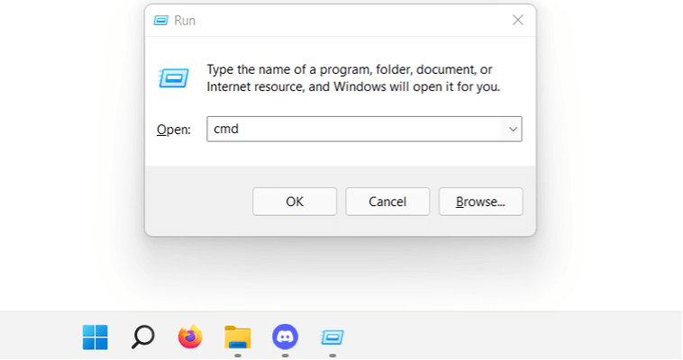 Windows 11: comando “cmd” a través del diálogo “Ejecutar”