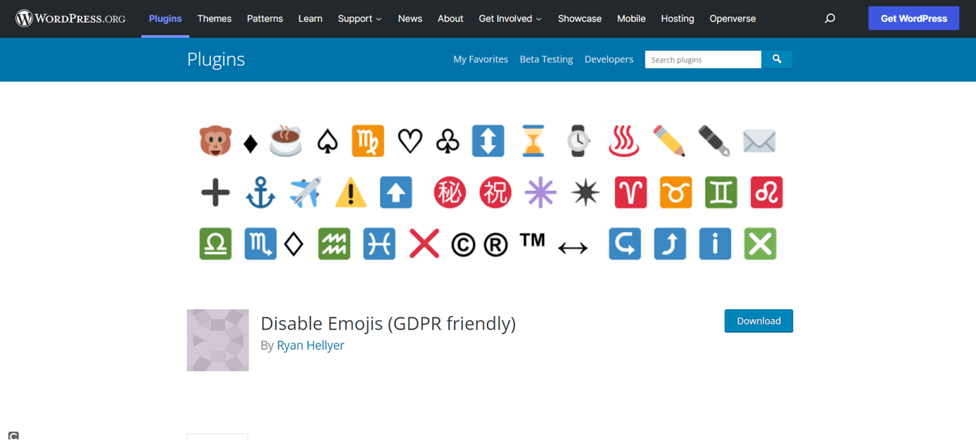 Página de inicio del plugin Disable Emojis
