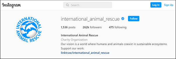 Ejemplo de una biografía de Instagram: International Animal Rescue