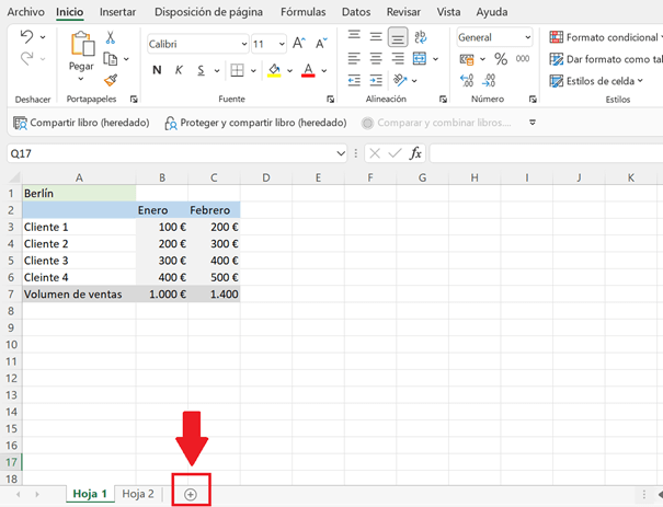 Abre el archivo de Excel y crea una nueva hoja de trabajo para la combinación utilizando el símbolo “Más”