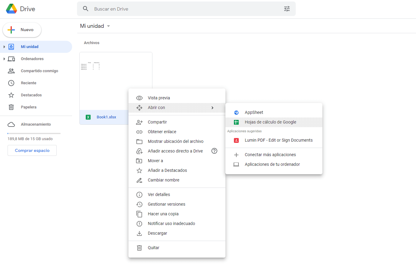 Google Drive: opciones para los archivos subidos
