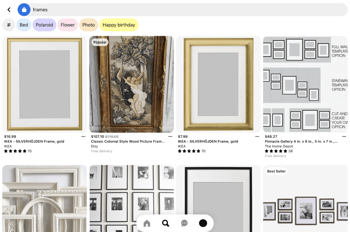 Captura de pantalla de iPad de la búsqueda “frames”en la función de compra de Pinterest