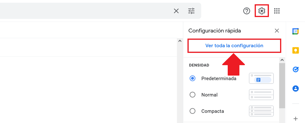 La opción “Ver toda la configuración” en el menú de Gmail