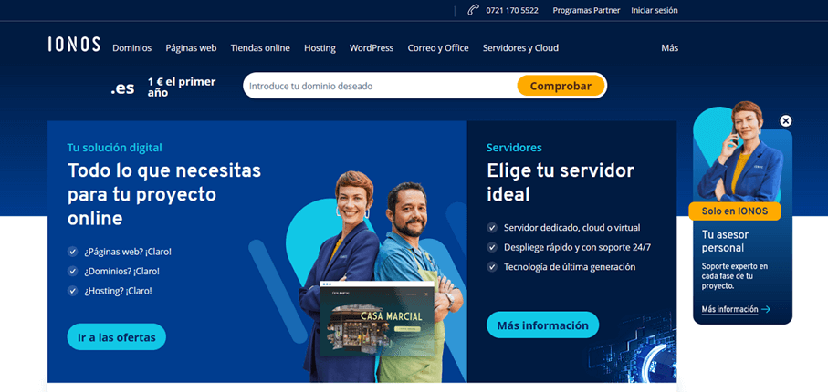 La página web principal de la empresa IONOS