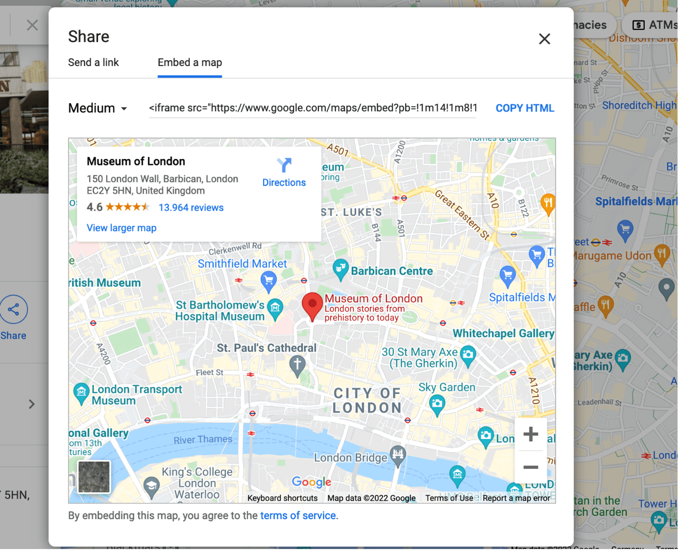 Captura de pantalla de la opción “Embed a map” en Google Maps
