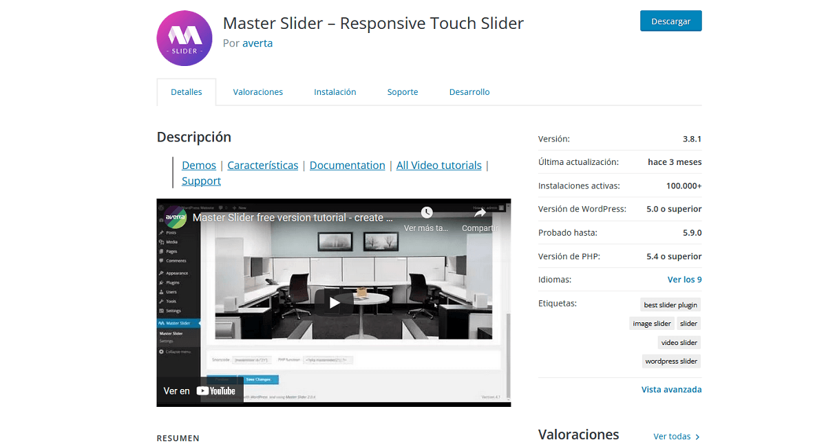 Master Slider: captura de pantalla del plugin para WordPress