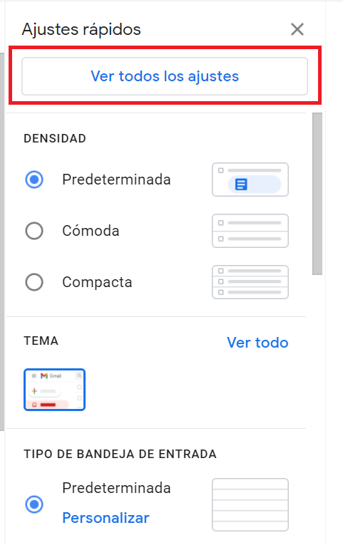 Menú de configuración en Gmail