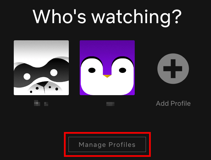 Captura de pantalla de la opción de “Administrar perfiles” en la versión del navegador de Netflix