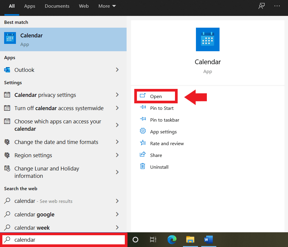 Abrir la aplicación Calendario de Windows mediante la barra de búsqueda