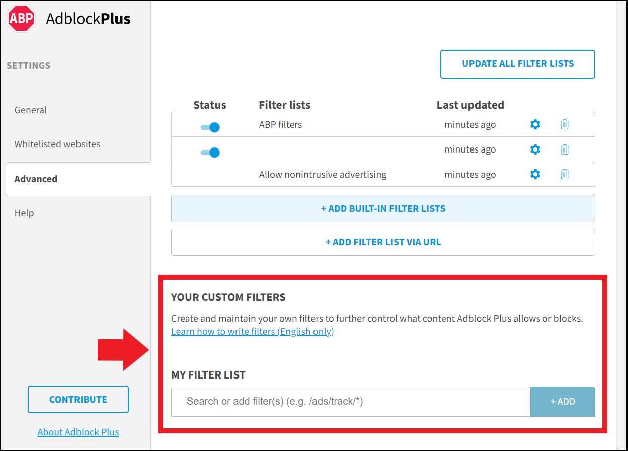 Opción de excepciones en la configuración de Adblock Plus
