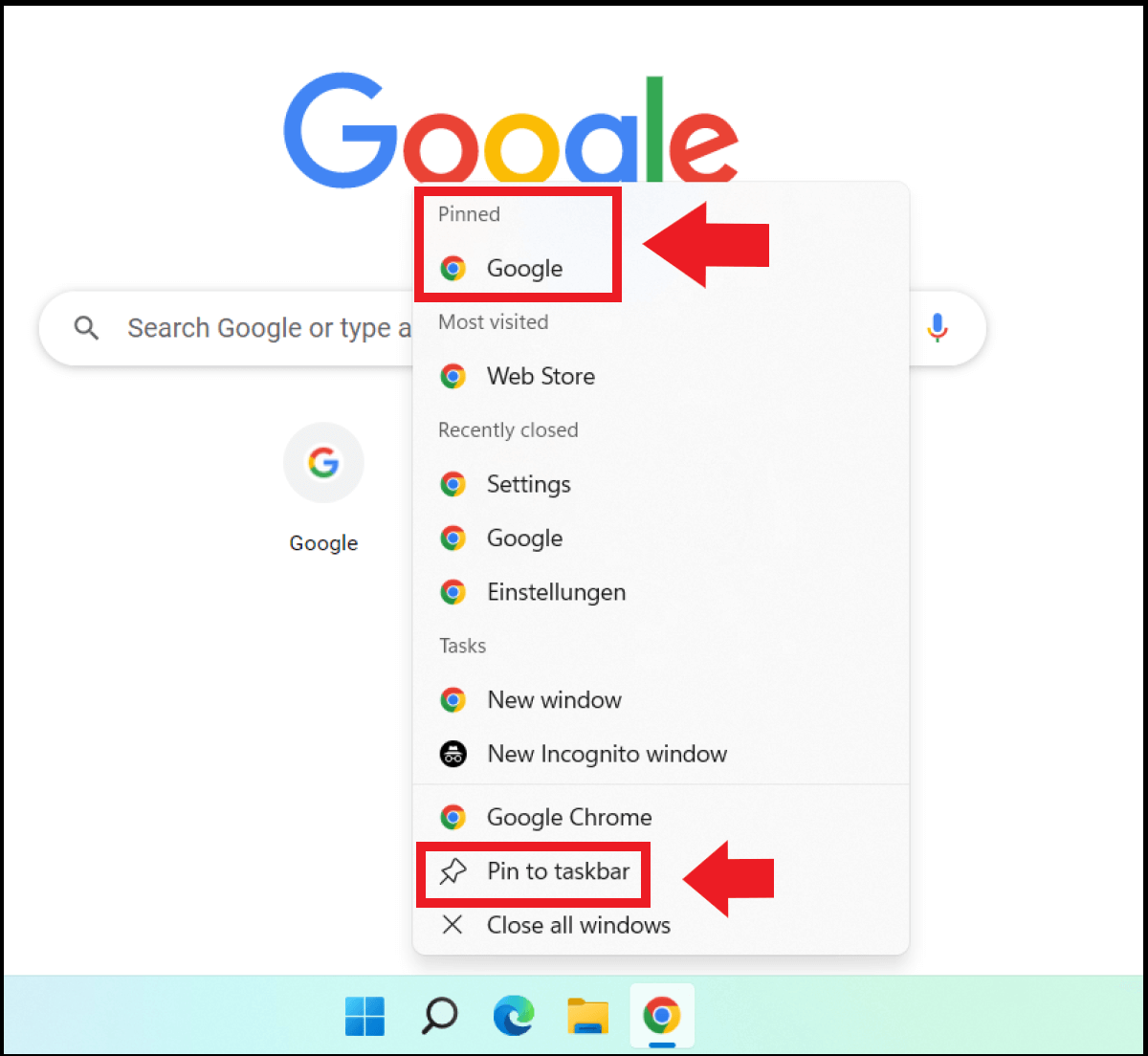 Enlaces web anclados en el icono del navegador de la barra de tareas.