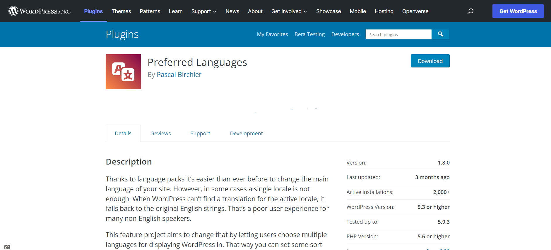 Página de inicio del plugin de WordPress Preferred Languages