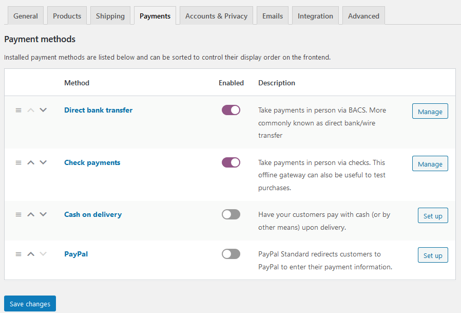 Captura de pantalla de las opciones de pago por defecto en WooCommerce