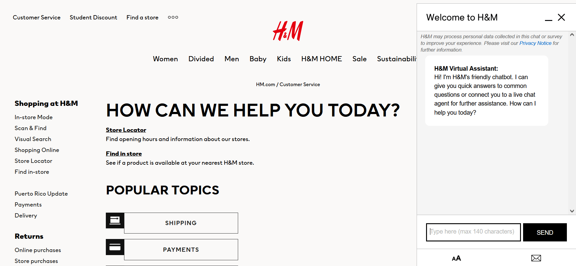 Captura de pantalla tomada de la página de servicio al cliente de H&M con la ventana adicional del chatbot desplegada