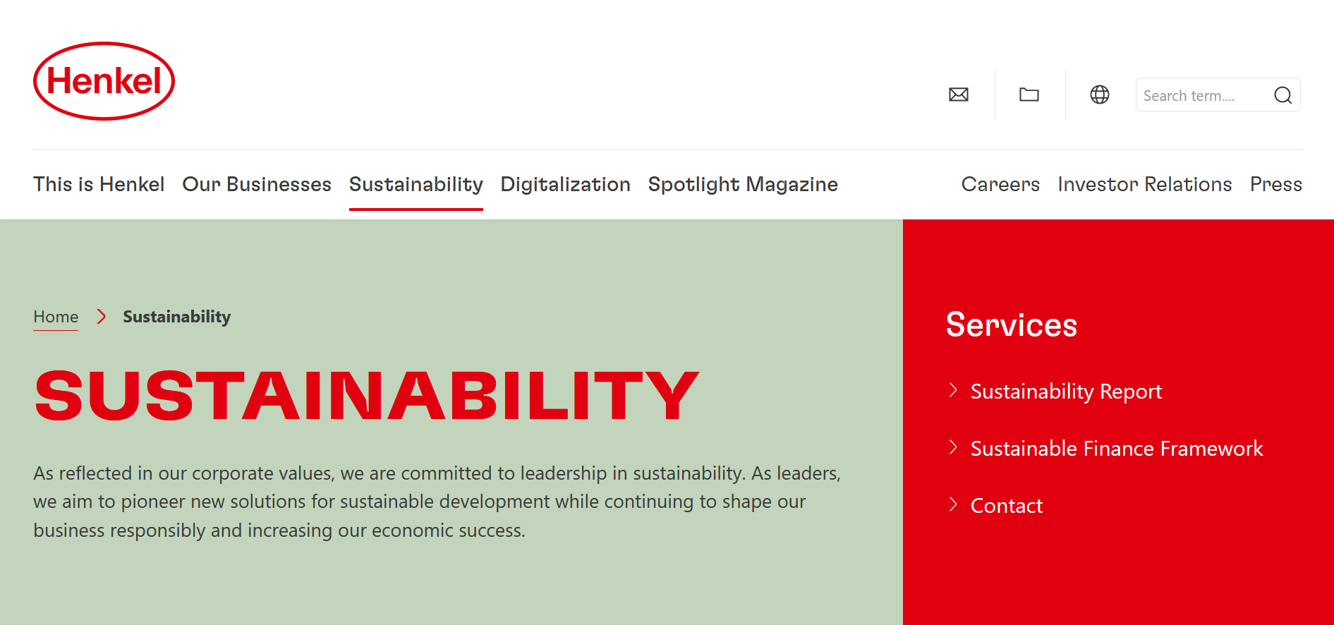 Captura de pantalla de página web de Henkel: sector destinado al tema “sostenibilidad”