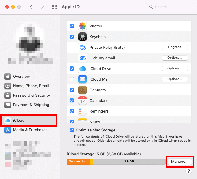 Captura de pantalla de la configuración de iCloud en Mac