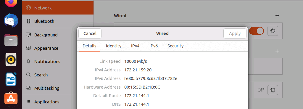 Captura de pantalla de las opciones de red en Ubuntu