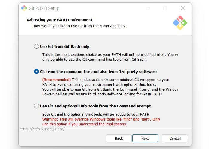 Captura de pantalla de los criterios de selección del entorno PATH durante la instalación de Git Bash