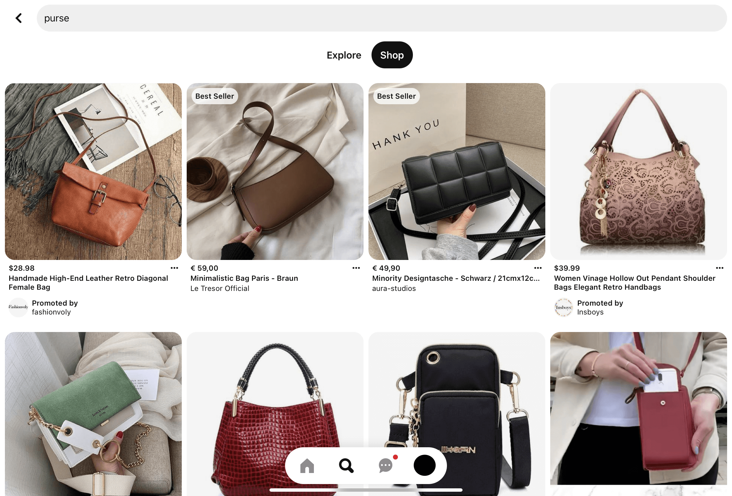 Captura de pantalla de Pinterest de la búsqueda con la palabra “purse”