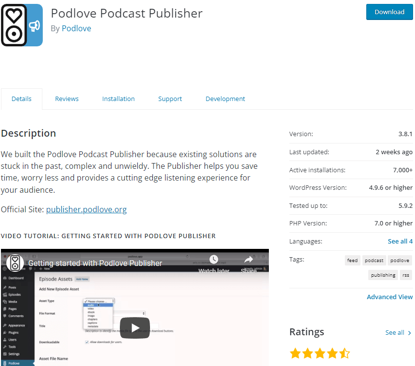 Captura de pantalla del plugin Podlove Podcast de WordPress