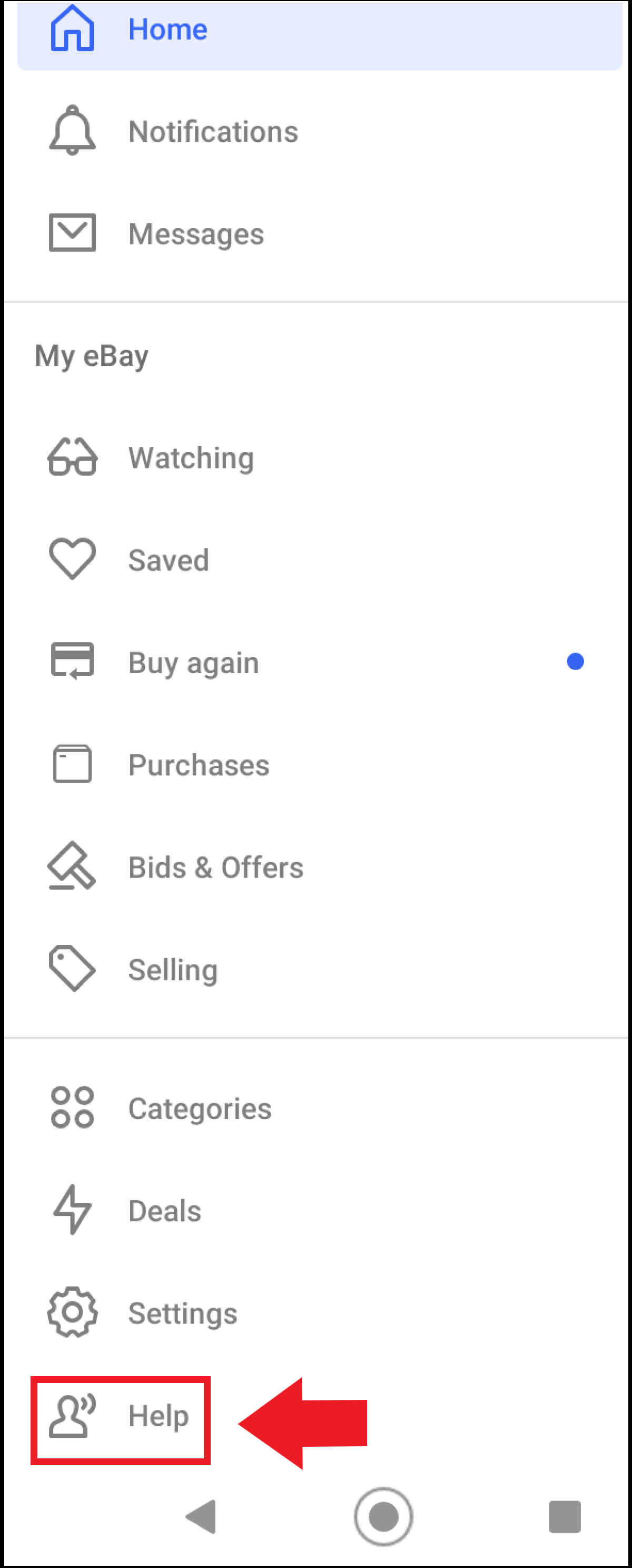 Captura de pantalla del menú de la app de eBay con la opción “Ayuda” en Android