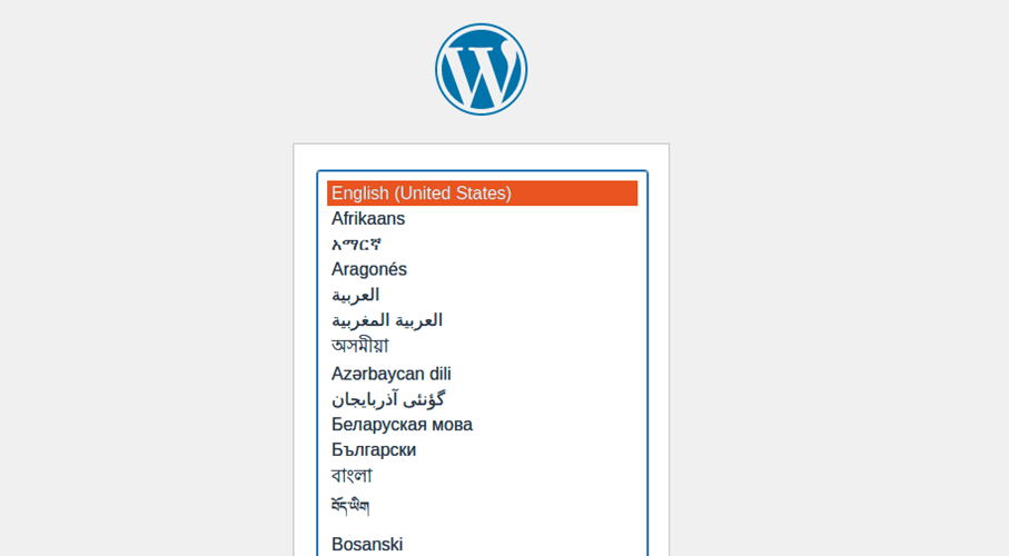 Pantalla de inicio del asistente de configuración de WordPress con la selección de idioma