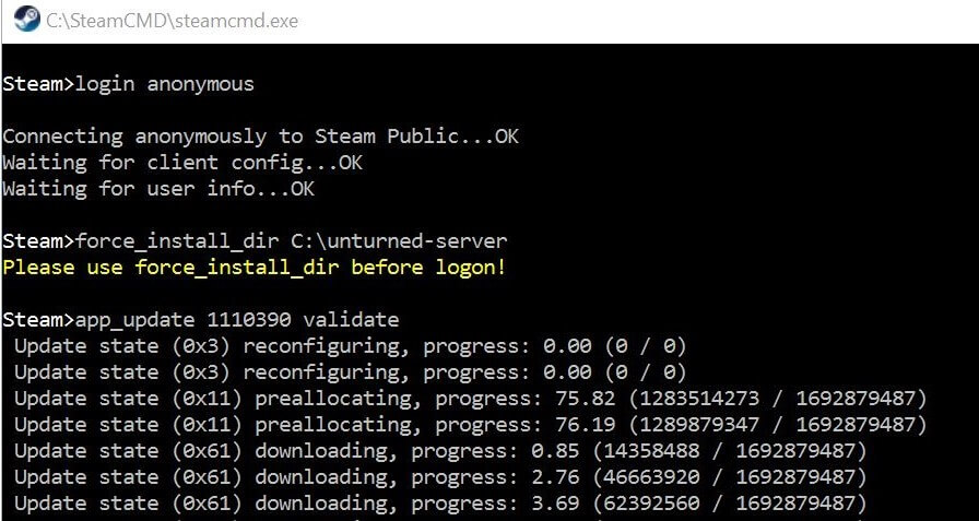 SteamCMD: Instalación del software del servidor de Unturned