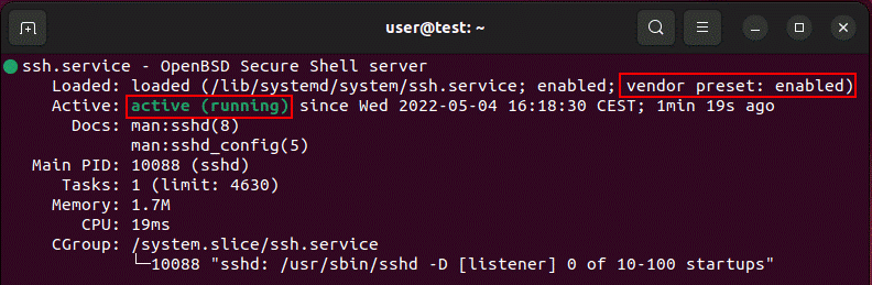 Respuesta de la terminal a la pregunta de estado de OpenSSH