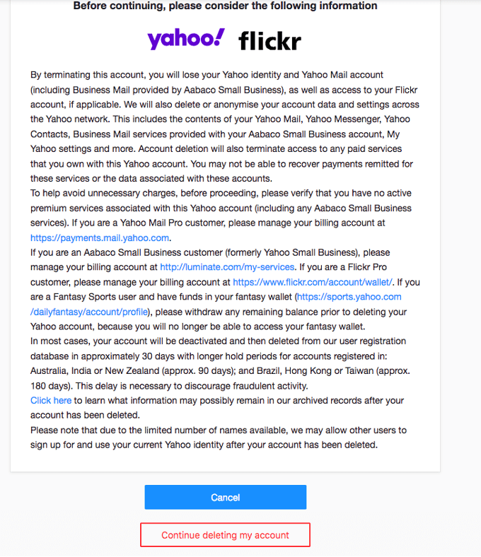 Captura de pantalla con las condiciones de la eliminación de la cuenta de Yahoo