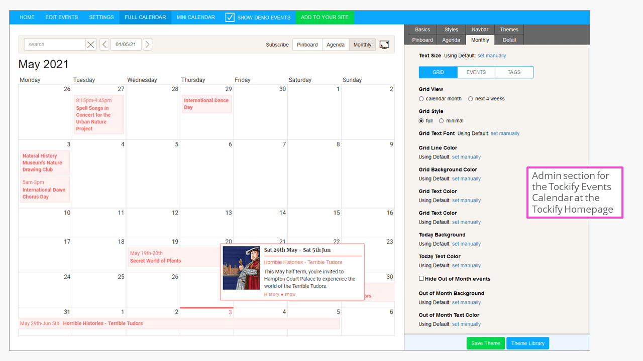 Panel de administración de Tockify Events Calendar en la página de inicio del proveedor