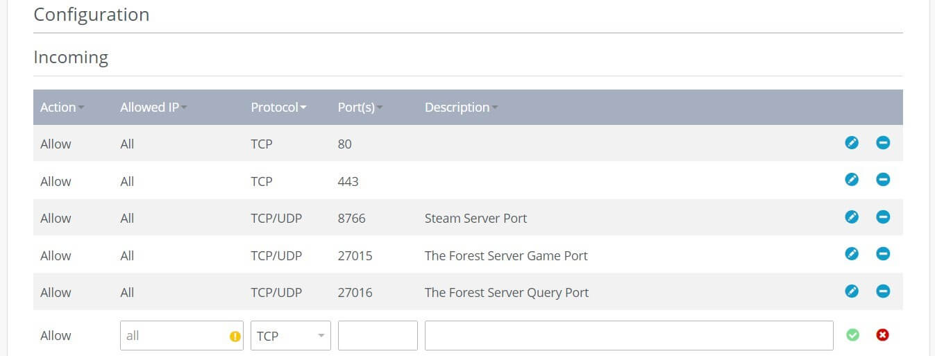 Reglas de puerto para el servidor dedicado de “The Forest” en el Cloud Pnael de IONOS