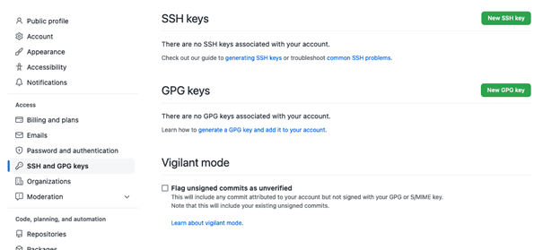 Página de configuración de la cuenta de GitHub
