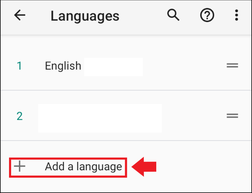La lista de idiomas añadidos en un sistema operativo Android