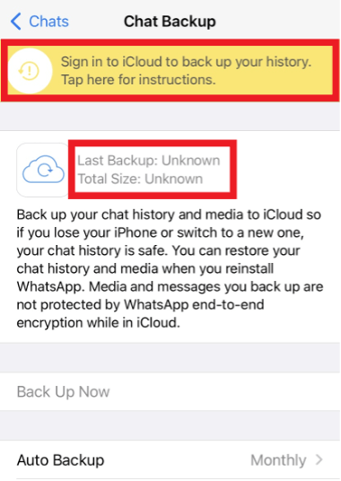 Captura de pantalla de iPhone en el apartado de “Chat backup” de WhatsApp con un recuadro amarillo que indica que primero es necesario iniciar sesión en iCloud