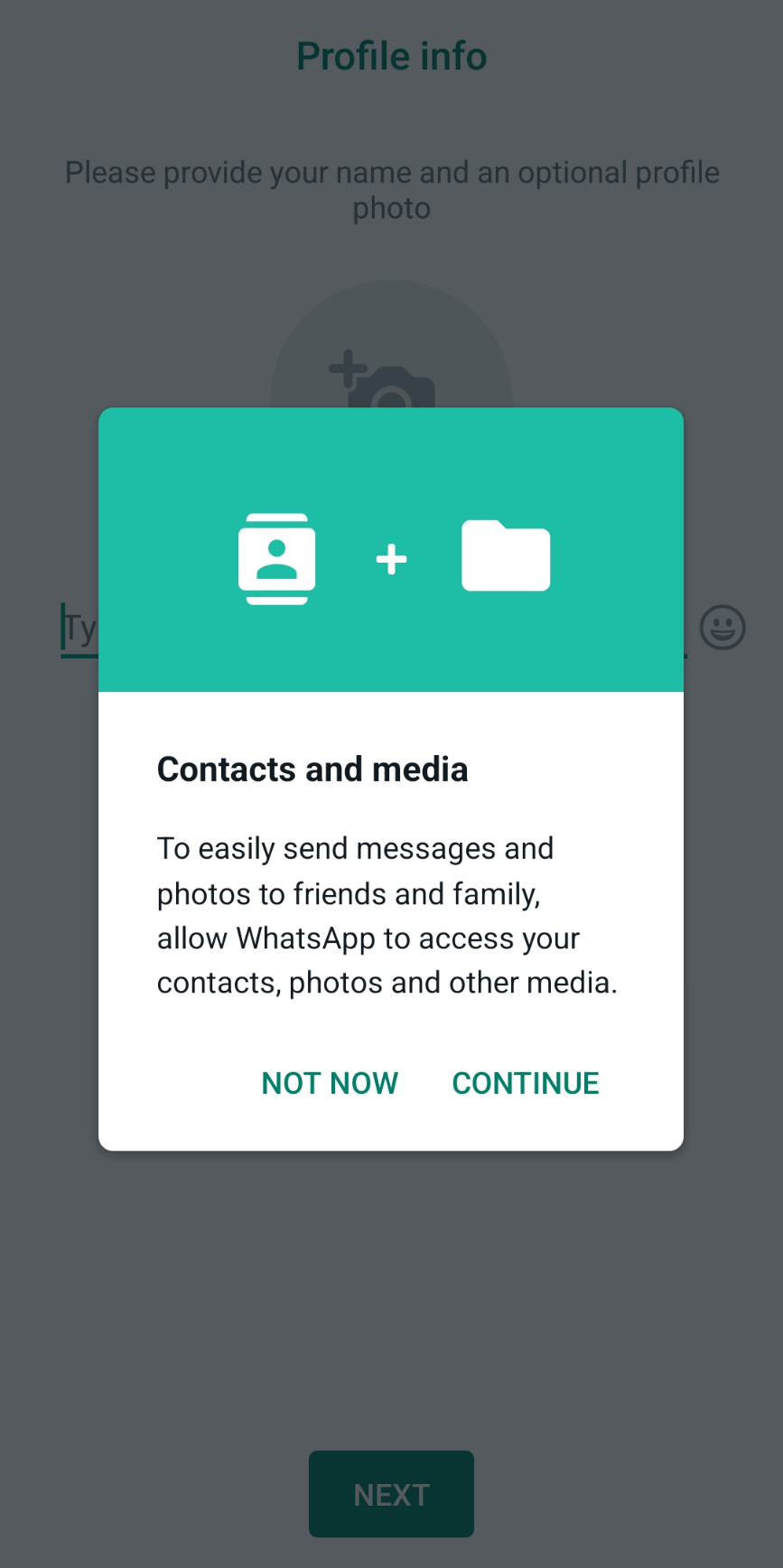 Ventana emergente de WhatsApp solicitando acceso a tus contactos y multimedia