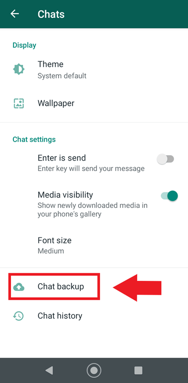 Menú de chats de WhatsApp con el campo “Copia de seguridad”