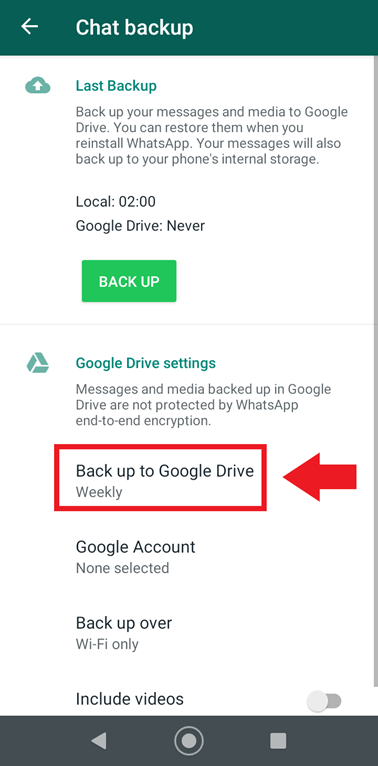 Opción de WhatsApp “Guardar en Google Drive” (crear copia de seguridad)