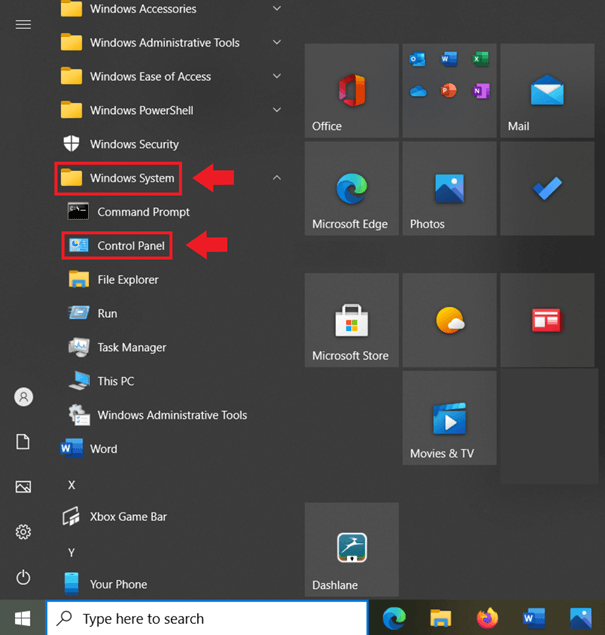 En el menú Inicio de Windows de la parte inferior, acciona las opciones “Sistema de Windows” y “Panel de control”