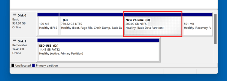 Administración de discos – Windows 11: nueva partición añadida