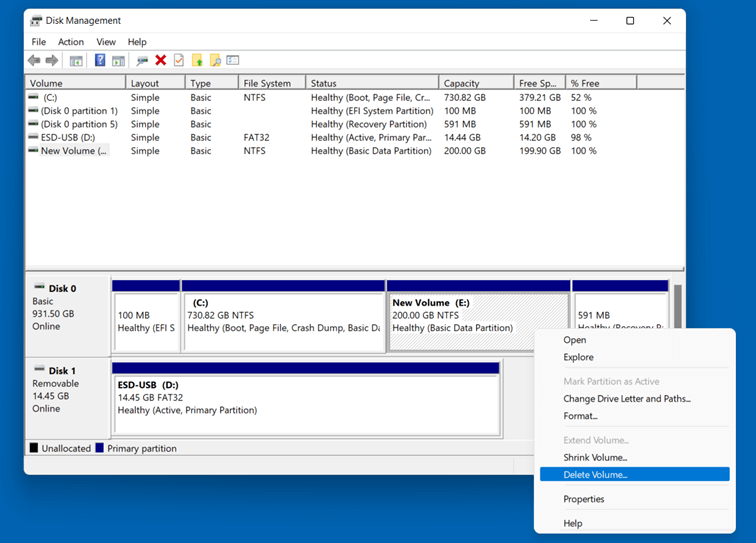 Eliminar volumen en la administración de discos en Windows 11
