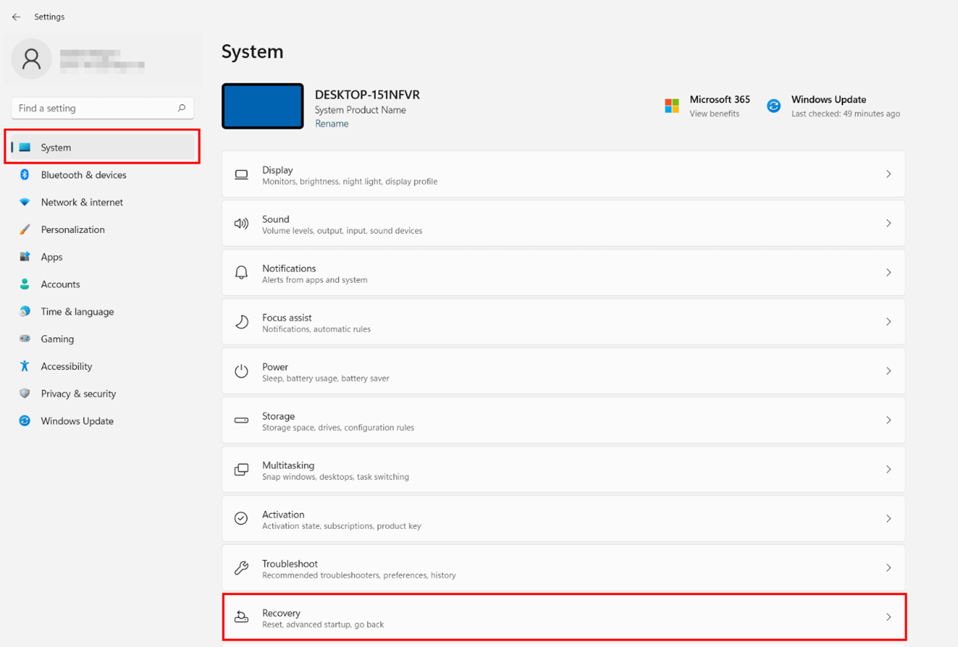 Configuración de Windows 11: botón “Recuperación”