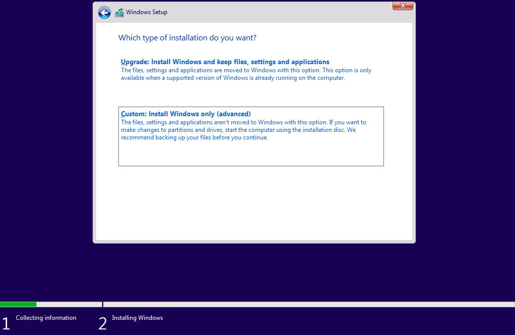 Windows 11: selección del tipo de instalación