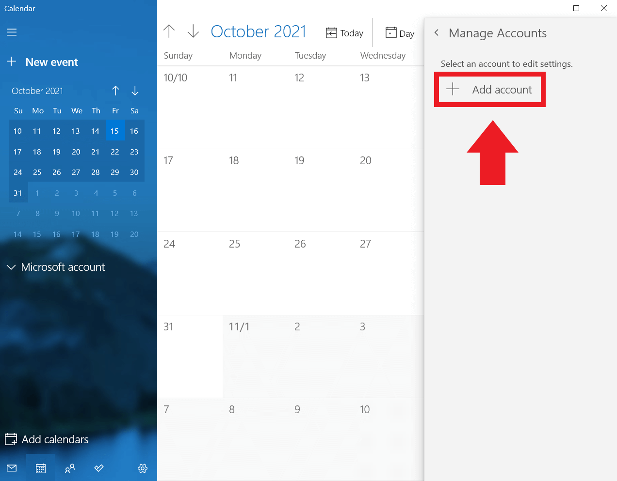 Calendario de Windows: “Agregar cuenta”