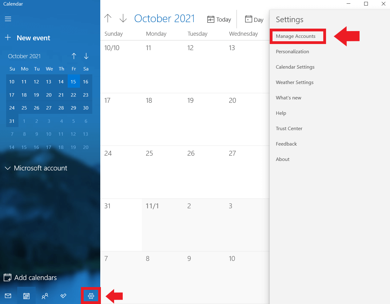 Calendario de Windows: “Configuración”, “Administrar cuentas”